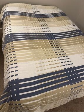 Neutral Plaid Comforter - Tan, Denim Blue & White